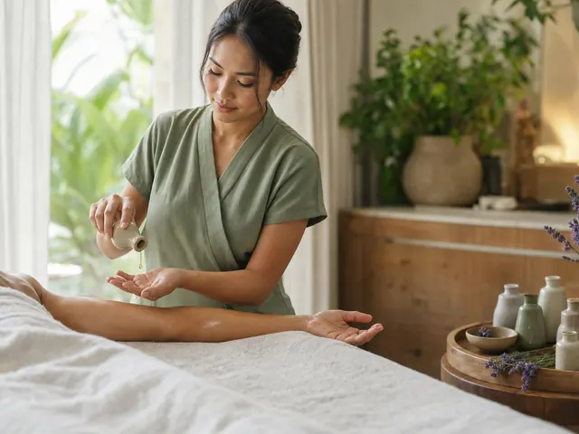 Therapist preparing botanical massage oil for an aromatherapy treatment