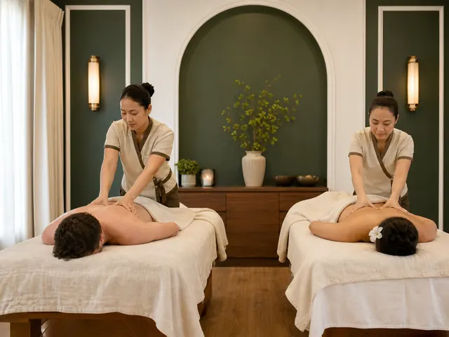 Two therapists providing a coordinated massage for two clients on parallel treatment tables