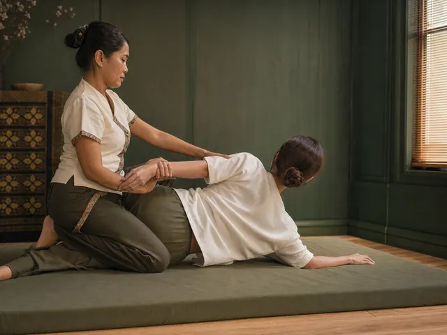 Thai therapist supporting an assisted side stretch during Thai combination massage in a calm treatment room